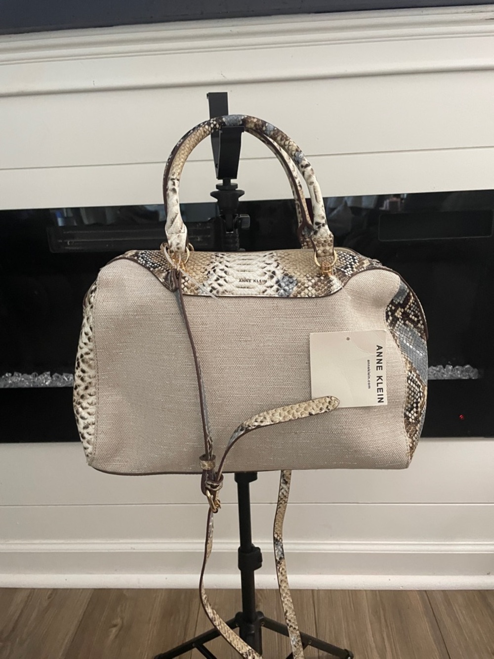 Anne Klein Beige Satchel with Snake-Print Trim